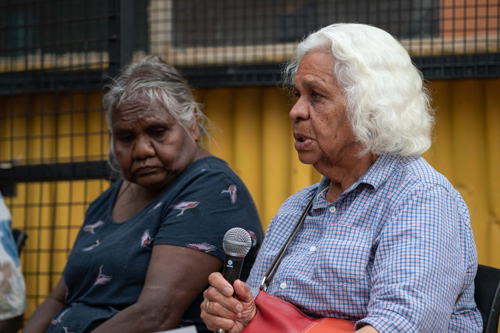 An older woman speaking into a microphone while another participant listens closely.