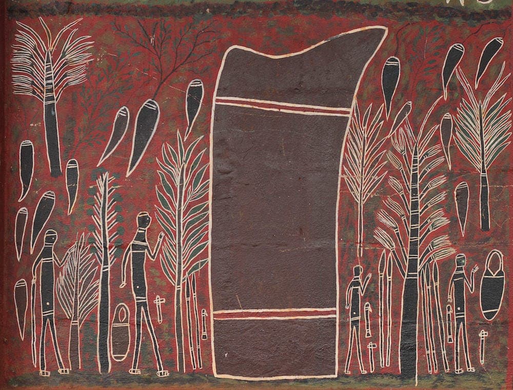 A painted artwork with white figures, plants and seed-like forms on a deep red background.